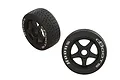 Two ARRMA dBoots Hoons belted RC car wheels with black 5-spoke rims and black rubber tires featuring white lettering on a white background.