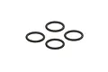 Four black rubber O-rings arranged in a diamond pattern against a white background.