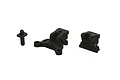 Three black plastic ARRMA RC chassis components including a post and two mounting brackets arranged on a white background.