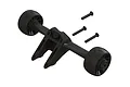 ARRMA RC wheelie bar set featuring a black plastic frame, two wheels, and three mounting screws isolated on a white background.
