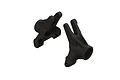 A pair of black molded plastic ARRMA rear hub carriers for RC vehicles, shown from an angled perspective against a white background.