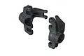 Two black plastic ARRMA front steering hubs for RC vehicles, shown from an angled perspective against a white background.