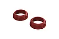 Two red anodized aluminum shock adjustment collars for ARRMA RC vehicles, shown against a white background.