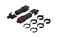 Two ARRMA rear big bore shock absorbers with black bodies, red adjustment collars, and a set of six black plastic spring preload spacers.