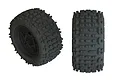 Two ARRMA 3.8 inch DBoots Back-Flip LP tyres pre-glued onto black multi-spoke rims, shown from an angled and a front-on perspective.