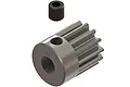 A 13-tooth metal pinion gear for RC cars, shown with a small black grub screw above it against a white background.