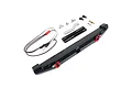 Yeah Racing black aluminium rear bumper for RC crawlers, including LED lights, tow hooks, and mounting hardware on a white background.