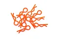 A collection of ten fluorescent orange RC body clips scattered on a white background.
