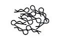 A pile of ten black metal R-clips or body pins used for securing RC car bodies.