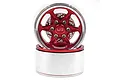 Two Yeah Racing 1.9-inch red aluminium 6-spoke RC crawler wheels stacked on top of each other against a white background.