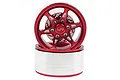 Two Yeah Racing red aluminium 1.9 inch BXC 6-spoke RC crawler wheels stacked on top of each other, featuring integrated brake rotor details.