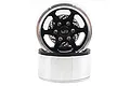 A pair of Yeah Racing 1.9 inch black and silver aluminium 6-spoke RC crawler wheels with integrated brake rotors.