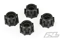 A set of four black Pro-Line 17mm hex adapters for RC wheels arranged on a white background.