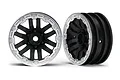 Two Traxxas TRX-4 1.9-inch crawler wheels with black spokes and satin chrome beadlock-style rings, shown against a white background.