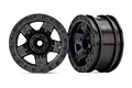 Two black Traxxas TRX-4 2.2 inch RC crawler wheels shown from front and side angles against a white background.