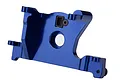 A blue anodized aluminum motor mount for Traxxas RC vehicles, featuring a central circular opening and mounting points.