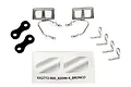 Traxxas TRX-4 chrome side mirror set including two mirrors, two black rubber gaskets, four metal body clips, and a sticker sheet.