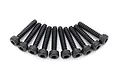 A set of ten black Traxxas 2x10mm coarse thread cap head screws arranged in a semi-circle on a white background.