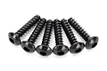 A set of six black button head screws with coarse threads arranged in a fan shape against a white background.