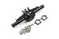 A black aluminium RC differential axle housing for SCX10 II with two mounting rings and a small bag of assorted metal screws and nuts.