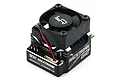 Yeah Racing Hacktronic G2 110A Brushless Sensored ESC with cooling fan mounted on top, viewed from an angle against a white background.