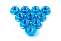 A collection of ten blue anodized aluminium flanged serrated nuts arranged in a triangle formation on a white background.