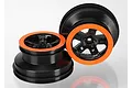 Two black and orange RC short course wheels with a five-spoke design against a white background.