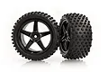 Two black RC buggy wheels with five-spoke rims and knobby off-road rubber tyres, shown against a white background.