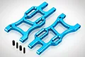 Two blue anodized aluminium rear lower suspension arms for an RC car, accompanied by four small black grub screws, isolated on a white background.