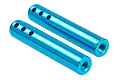 Two blue anodized aluminium battery mount posts with three adjustment holes at one end and threaded ends, isolated on a white background.
