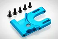 A blue anodized aluminium motor mount for an RC car, accompanied by five black metal screws, set against a clean white background.