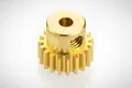 A brass 19-tooth pinion gear for RC cars, featuring a central shaft hole and a threaded set screw hole on the side.
