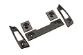 A set of five black plastic body reinforcement parts for the Traxxas E-Revo VXL 2.0, including a central brace and four smaller mounting plates.