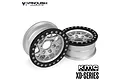 Two silver Vanquish KMC XD127 1.9 inch RC crawler wheels with black beadlock rings on a white background.