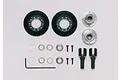 Tamiya TT-01 Front One Way Differential Kit parts including two black bevel gears, two silver metal hubs, drive cups, bearings, screws, and an Allen key.