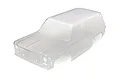 A clear, unpainted polycarbonate body shell for a 1/10 scale 1979 Chevrolet Blazer RC crawler, shown from a high-angle front view.