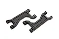 Two black plastic suspension arms for a Traxxas Maxx RC vehicle, shown from an overhead angle against a white background.