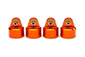 Four orange anodized aluminium shock caps for Traxxas GT-Maxx RC shocks arranged in a row on a white background.