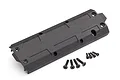 Traxxas Maxx 4S centre skid plate in black plastic with a set of mounting screws on a white background.