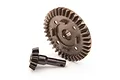 Traxxas Maxx 4S steel differential ring gear and pinion gear set on a white background.
