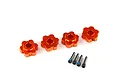 Four orange anodized aluminium 17mm splined wheel hex adapters and four matching grub screws arranged on a white background.