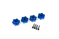 Four blue anodized aluminium 17mm splined wheel hex adapters and four metal pins arranged on a white background.