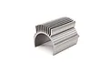 A silver aluminium motor heat sink for an RC car motor, featuring a semi-circular design with cooling fins.