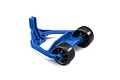 A blue Traxxas Maxx 4S wheelie bar assembly with two black wheels, shown against a plain white background.