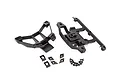 Traxxas Maxx 4S front and rear body mount set including plastic mounts, small brackets, and a collection of screws on a white background.