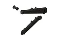 ARRMA chassis brace set including two black molded plastic braces and a small cylindrical spacer on a white background.