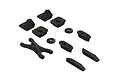 A set of black plastic RC wing mount components including brackets, spacers, and an X-shaped brace on a white background.