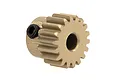 A gold-coloured metal 18-tooth pinion gear with a black grub screw, isolated on a white background.