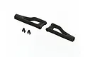 Two black plastic RC suspension arms and two small C-clip spacers isolated on a plain white background.