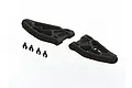 A pair of black ARRMA front lower suspension arms with four small C-clips on a white background.